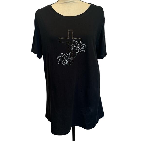 Rhinestone Cross & Easter Lily T-Shirt Short Sleeve Black Tee NEW Sparkly! - Picture 3 of 5